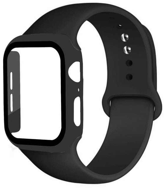 Correa de silicona + protector con vidrio templado para Apple Watch - ENGLA Chile ® Black / 38mm S--M