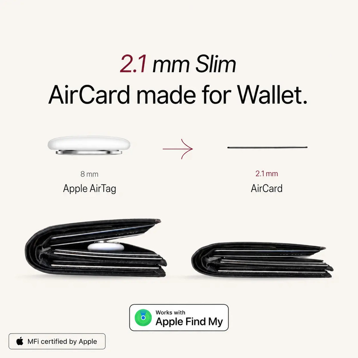 Grosor de 2,1 mm comparado con un AirTag