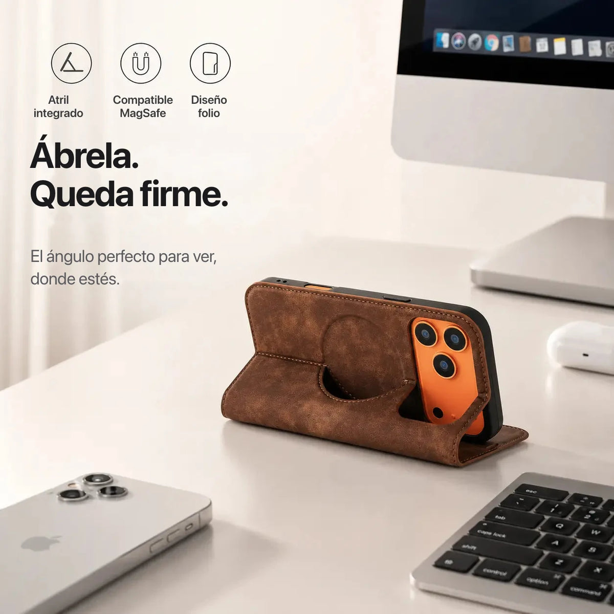 Ábrela, queda firme — atril integrado
