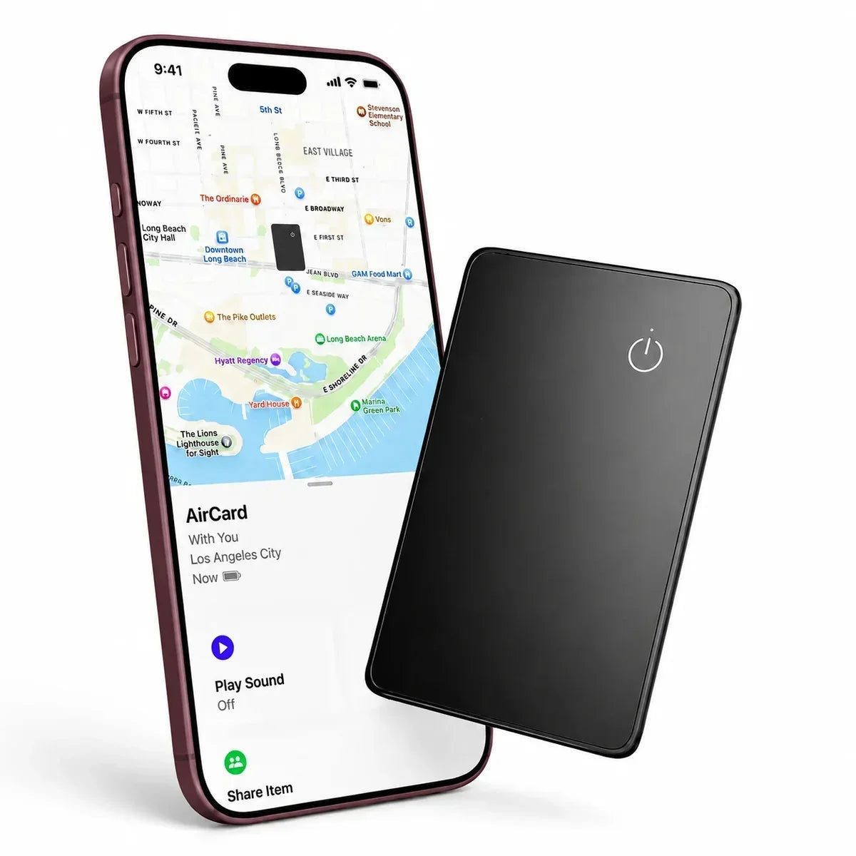 AirCard junto a un iPhone mostrando su ubicación en Find My