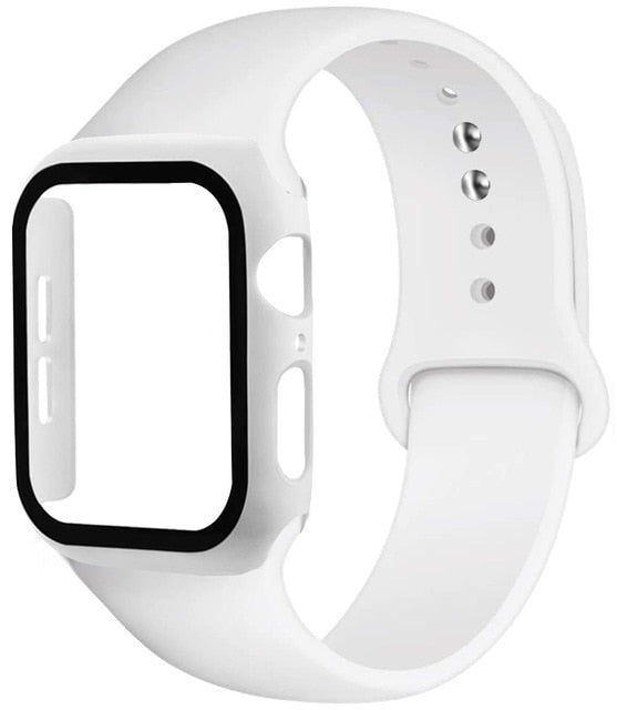 Correa de silicona + protector con vidrio templado para Apple Watch - ENGLA Chile ® White / 42mm M--L