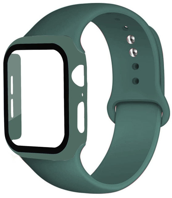 Correa de silicona + protector con vidrio templado para Apple Watch - ENGLA Chile ® Pine green / 42mm M--L